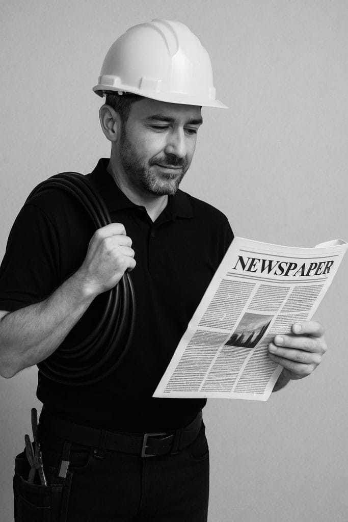 Électricien Volt’Obin en train de lire le journal dans le Gard